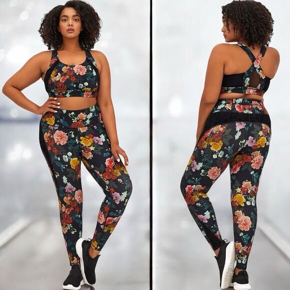 Torrid Black Floral Performance Core Full Length Mix Media Active Leggings 2 2XL - Picture 2 of 15